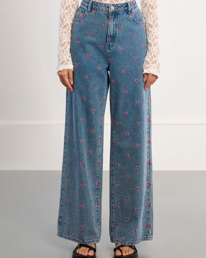 Pantalon large en denim cœurs brodés - Bleu denim - Lili Sidonio