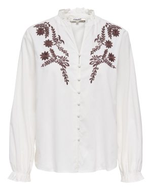 Blouse brodée col V Felsa Camille ONLY – Écru broderie acajou