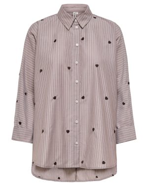 Chemise rayée Lina ONLY – Rayé taupe cœurs brodés