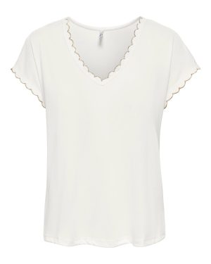 T-shirt col V lurex Lea ONLY – Blanc cassé lurex doré