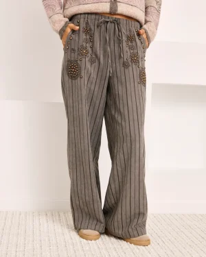 Pantalon droit brodé avec clous - Gris