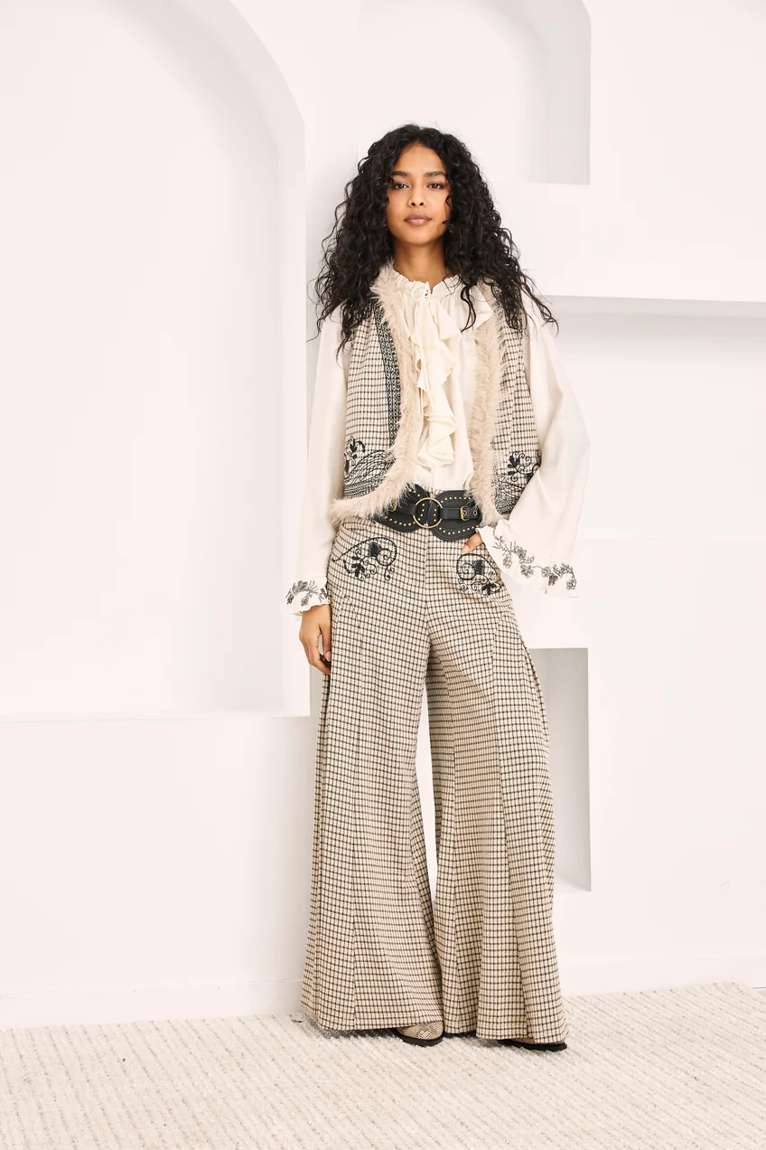 Pantalon palazzo jacquard petits carreaux brodé - Sable - Nekane – Image 2