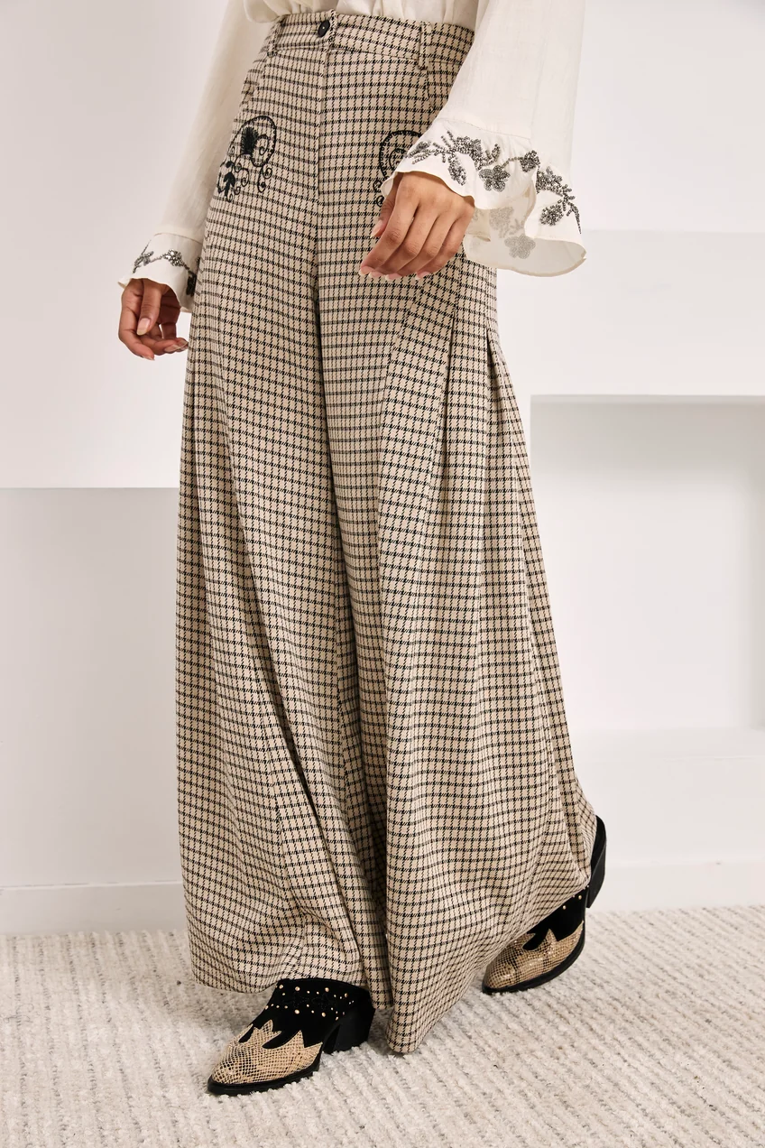 Pantalon palazzo jacquard petits carreaux brodé - Sable - Nekane – Image 3