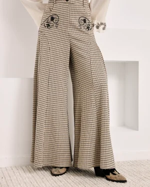 Pantalon palazzo jacquard petits carreaux brodé - Sable - Nekane