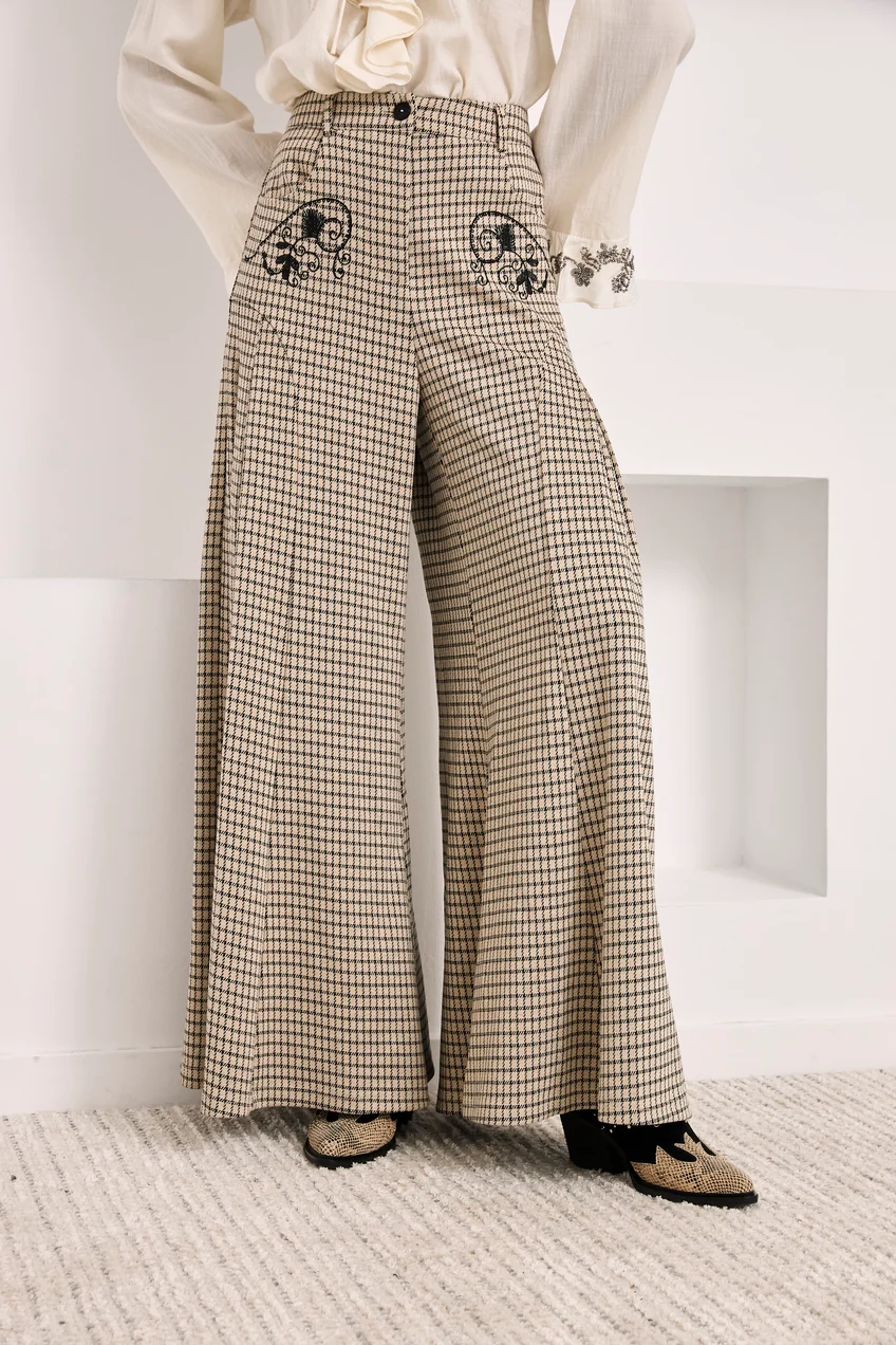 Pantalon palazzo jacquard petits carreaux brodé - Sable - Nekane