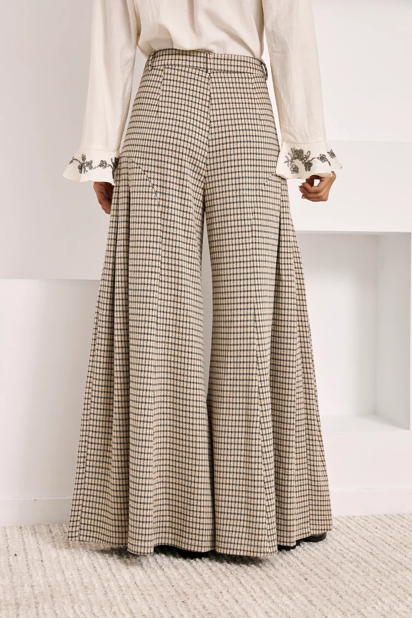 Pantalon palazzo jacquard petits carreaux brodé - Sable - Nekane – Image 4