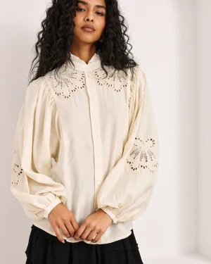 Blouse viscose manches ballon brodée cut out - Écru - Nekane