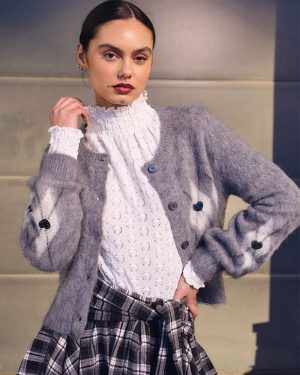 Cardigan à carreaux et cœurs effet brossé – Gris – Lili Sidonio