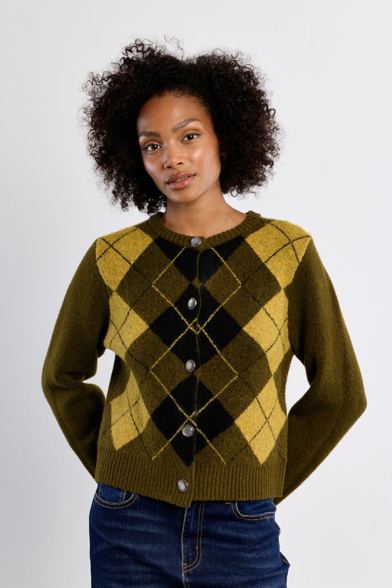 Cardigan en maille à carreaux – Kaki – Lili Sidonio