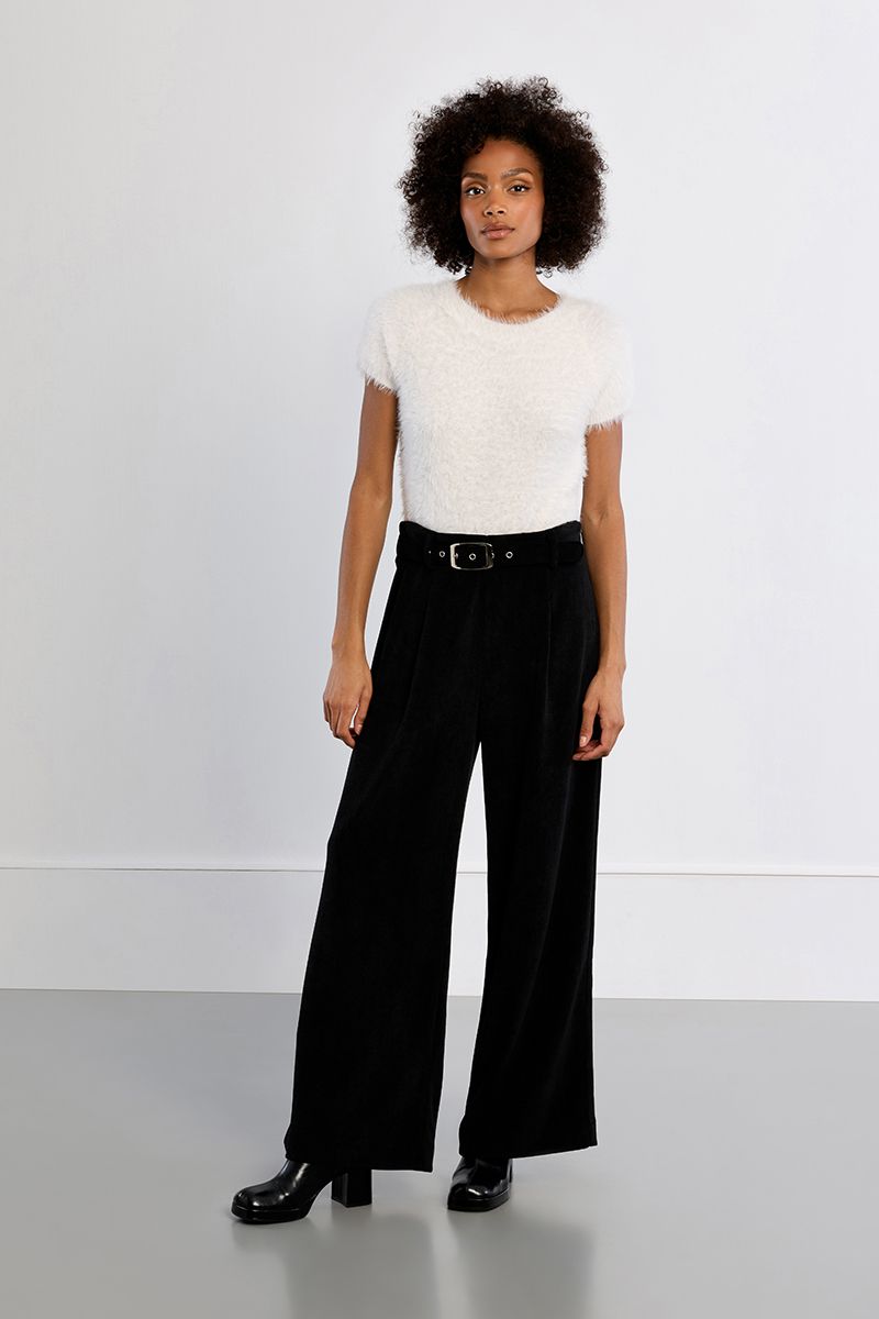 Pantalon velours côtelé taille haute à pinces – Noir – Lili Sidonio – Image 3