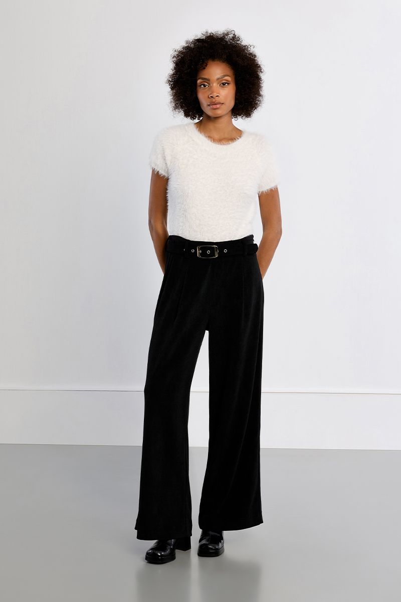 Pantalon velours côtelé taille haute à pinces – Noir – Lili Sidonio