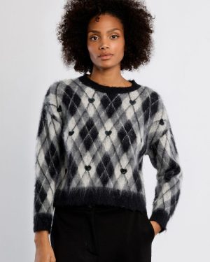 Pull à carreaux et cœurs effet brossé – Noir – Lili Sidonio