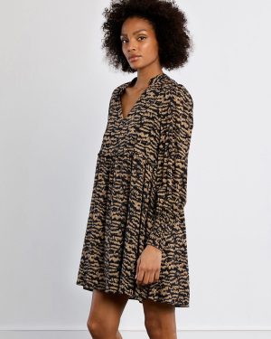 Robe courte imprimée manches longues – Noir imprimé – Lili Sidonio