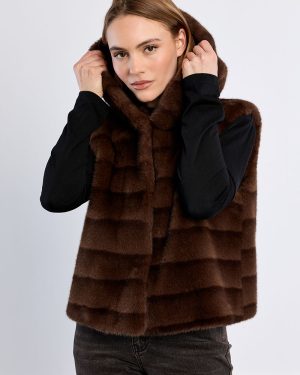Veste sans manches en fausse fourrure à capuche – Chocolat – Lili Sidonio
