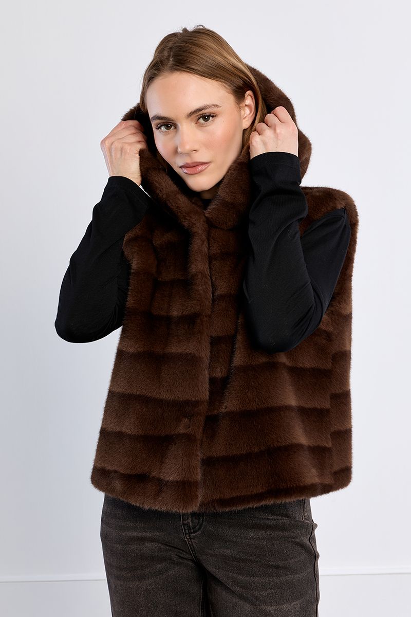 Veste sans manches en fausse fourrure à capuche – Chocolat – Lili Sidonio